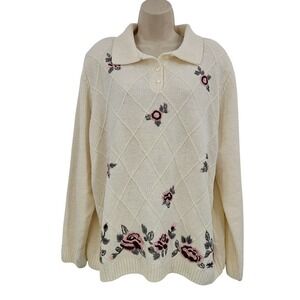 Grandmacore Jumper Sweater Women 1X Embroidered Cabincore Preppy Coastal Grandma